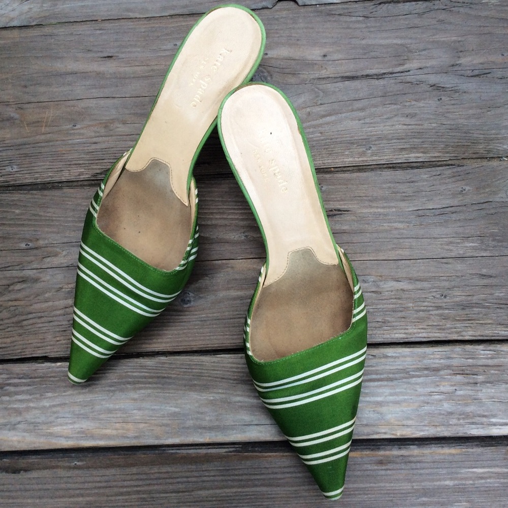 Kate Spade green and white striped mules